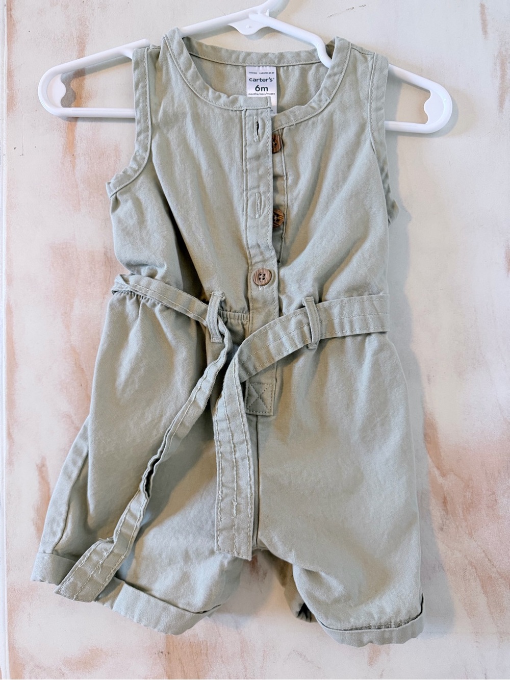 Carter's Sage Green Button-Front Romper with Waist Tie